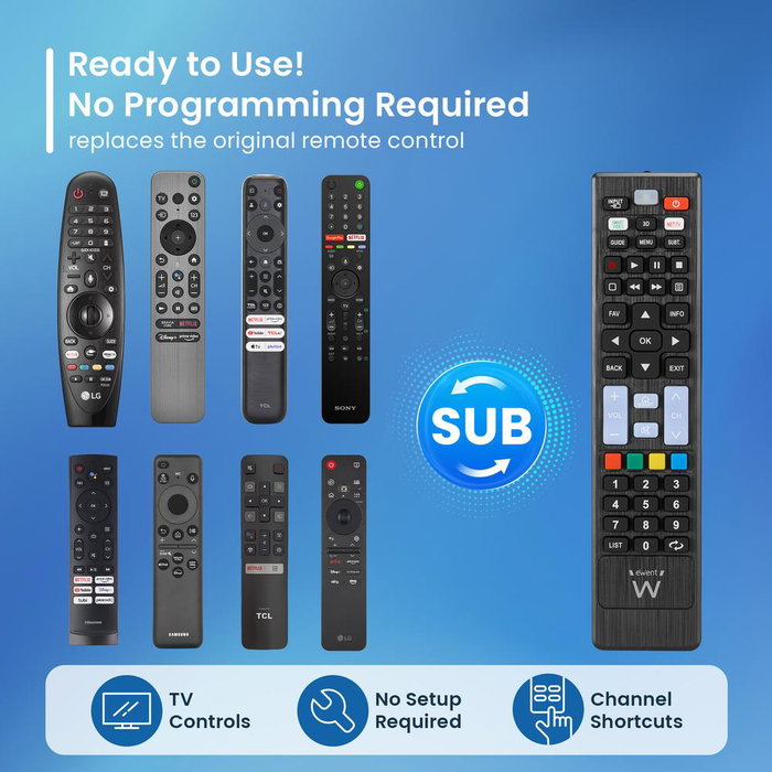 Ewent EW1577 Télécommande Universelle Smart TV pour LG Samsung Sony Hisense TCL avec Boutons Streaming Ewent EW1577 Télécommande Universelle Smart TV pour LG Samsung Sony Hisense TCL avec Boutons Streaming