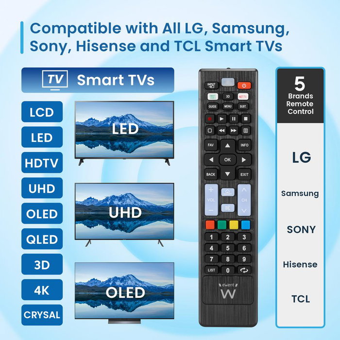 Ewent EW1577 Télécommande Universelle Smart TV pour LG Samsung Sony Hisense TCL avec Boutons Streaming Ewent EW1577 Télécommande Universelle Smart TV pour LG Samsung Sony Hisense TCL avec Boutons Streaming