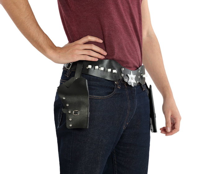 Double cartouchière marron avec étoile de shérif pour déguisement de cowboy Double cartouchière marron avec étoile de shérif pour déguisement de cowboy