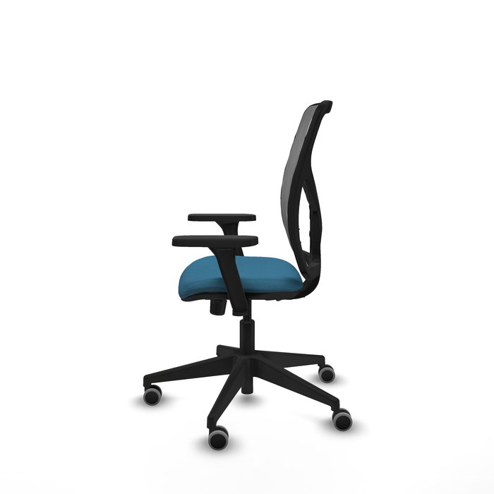 Chaise Motilla Synchro 3 positions tissu Vert pétrole Maille Gris Base pyramidale noire Accoudoir 3D Sans appui-tête Roulettes 65mm pour moquette