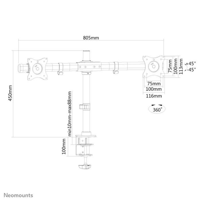 Neomounts Support de Bureau FPMA-DCB100DBLACK - Support Double Écran Pivotant, Inclinable, Rotatif, pour 2 Moniteurs jusqu'à 27", VESA 75x75/100x100, Fixation Pince ou Œillet, Noir