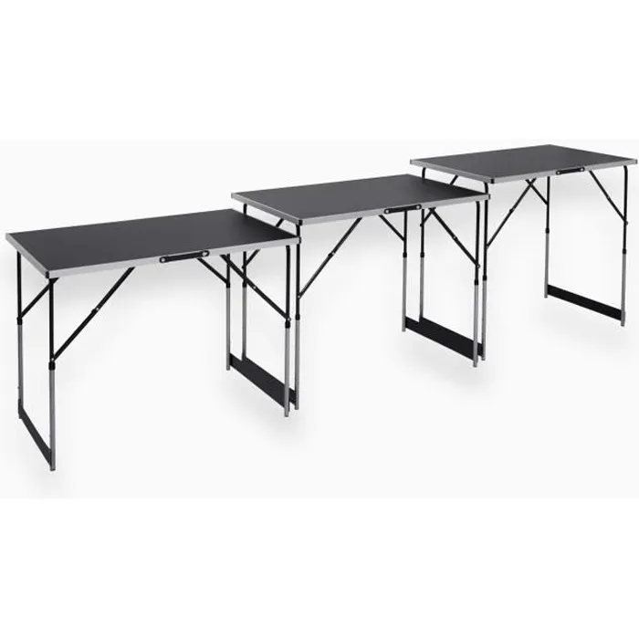 Meister - Lot de 3 Tables Multifonctions Aluminium - Pour Tapisserie, Buffet, Camping - Hauteur Réglable 73 à 94 cm - Charge 30 kg/Table Meister - Lot de 3 Tables Multifonctions Aluminium - Pour Tapisserie, Buffet, Camping - Hauteur Réglable 73 à 94 cm - Charge 30 kg/Table
