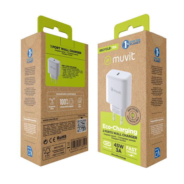 Chargeur mural Muvit SN-TC650AD1E45A Blanc 45 W