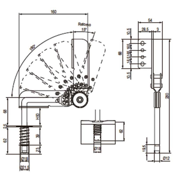 Q&Q Mécanisme Automatique de Canapé Réversible Anti-Hilos H36, 6 Positions 90-180° avec Retour, Casquillo Caña, Finition Chrome et Zinc