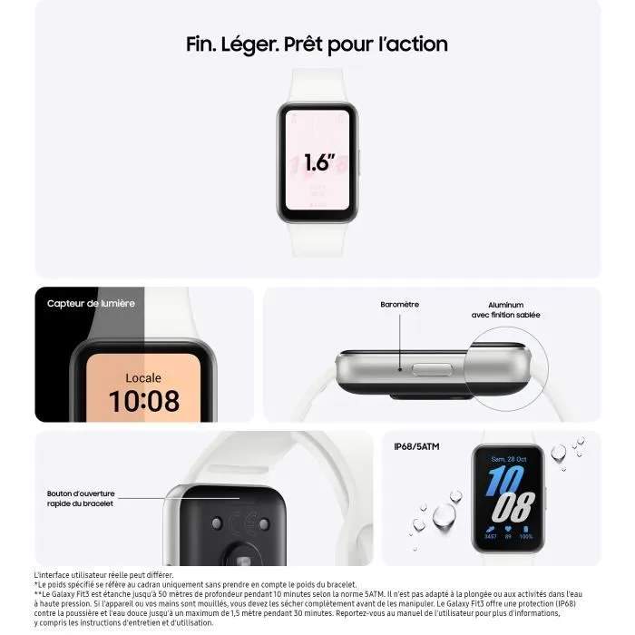 Samsung Galaxy Fit 3 - Bracelet connecté avec écran AMOLED 1.6" - Notifications, suivi santé, entraînements - Argent