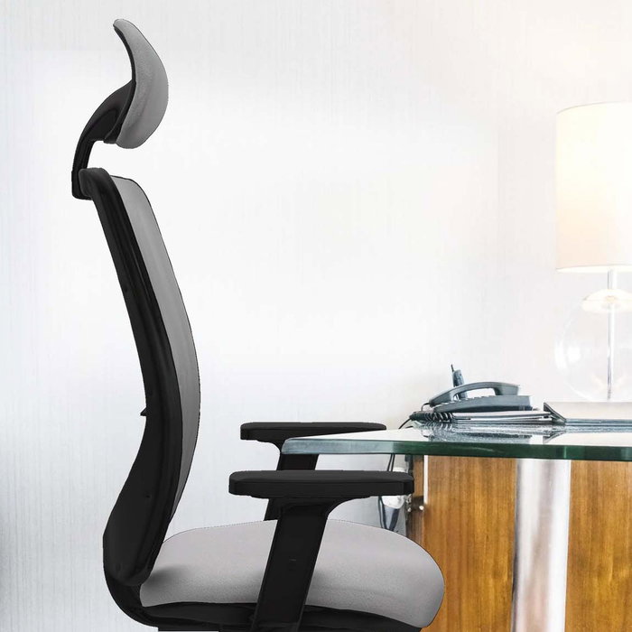 Chaise Zulema Synchro 3 positions tissu Vert pétrole Maille Gris Base en nylon noir Accoudoir 2D Appui-tête Roulettes 65mm nylon