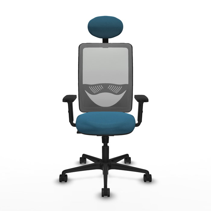 Chaise Zulema Synchro 3 positions tissu Vert pétrole Maille Gris Base en nylon noir Accoudoir 2D Appui-tête Roulettes 65mm nylon