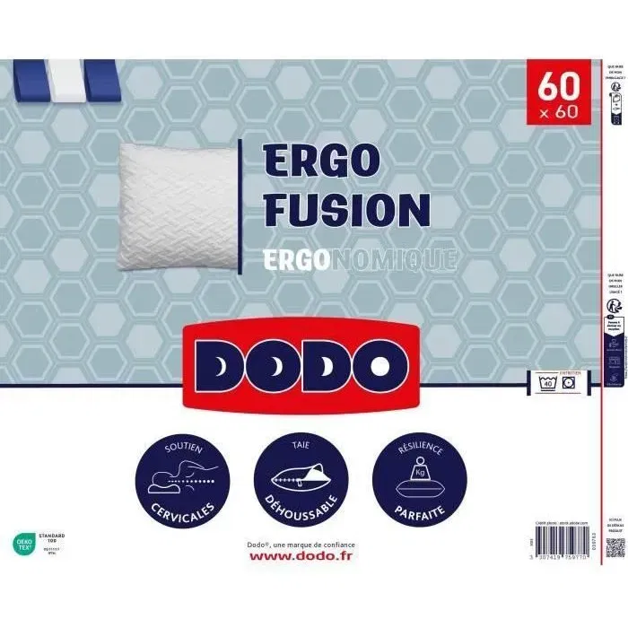 Dodo Oreiller ERGO FUSION - Soutien ergonomique pour nuits paisibles - 60 x 60 cm, enveloppe polyester stretch, déhoussable et lavable