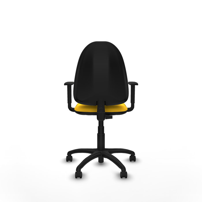 Chaise de bureau Aýna avec mécanisme Contact permanent de base, revêtue de simili cuir jaune. Équipée d'une base en polyamide noir, d'accoudoirs 1D et de roulettes pour parquet Chaise de bureau Aýna avec mécanisme Contact permanent de base, revêtue de simili cuir jaune. Équipée d'une base en polyamide noir, d'accoudoirs 1D et de roulettes pour parquet