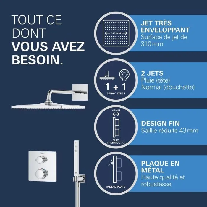 GROHE 34881000 - Ensemble de douche encastré avec mitigeur thermostatique - 1 jet - 31 cm - Gris chromé