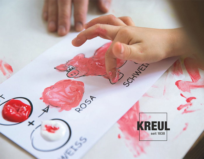 Kreul Kit 6 botes peinture MUCKI et 2 blocs de papier Powerpack Muéstrame el mundo de los colores