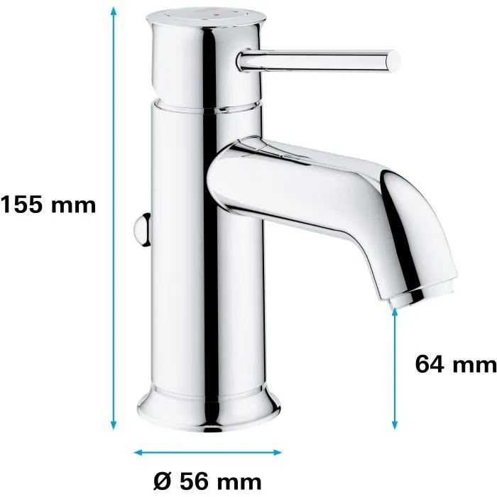 Grohe - Mitigeur de lavabo Start Classic avec tirette de vidage et mousseur économiseur d'eau - Finition StarLight chrome - Cartouche céramique 28 mm - Garantie 5 ans
