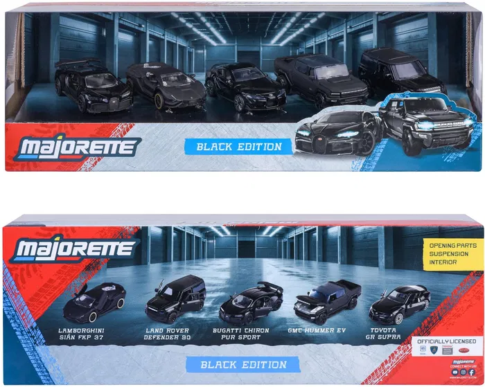 Majorette Coffret Cadeau Majo Black Edition - 5 Véhicules Miniatures Métalliques 1/64 avec Roues Libres et Phares - Jouet Enfant 3 Ans et Plus