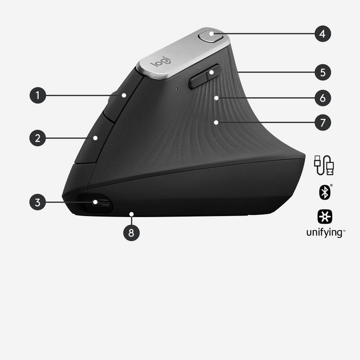 Logitech MX Vertical Souris Érgonomique Avancée sans fil, Bluetooth, USB-C Rechargeable, Capteur 4000 PPP, Angle 57° Logitech MX Vertical Souris Érgonomique Avancée sans fil, Bluetooth, USB-C Rechargeable, Capteur 4000 PPP, Angle 57°