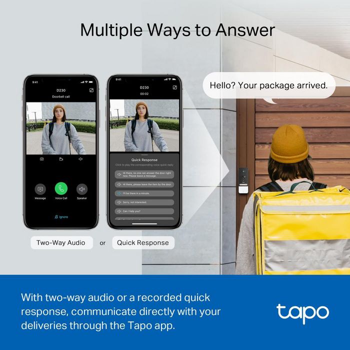 TP-Link Tapo D230S1 Kit Sonnette Vidéo Intelligente avec Caméra 2K 5MP, Vision Nocturne Couleurs, Détection IA Personne/Véhicule, Batterie, Chime Intérieur TP-Link Tapo D230S1 Kit Sonnette Vidéo Intelligente avec Caméra 2K 5MP, Vision Nocturne Couleurs, Détection IA Personne/Véhicule, Batterie, Chime Intérieur