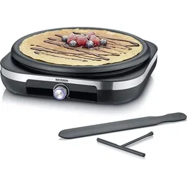 Severin CM2199 - Crêpière électrique XXL avec thermostat réglable, 38 cm, surface antiadhésive, revêtement inox brossé et noir, inclut spatule et répartiteur