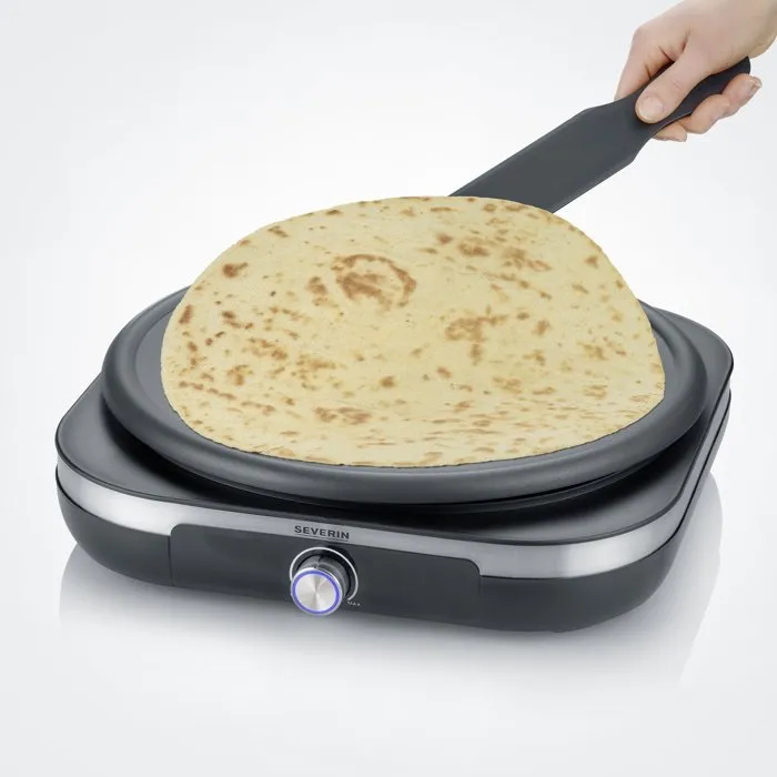 Severin CM2199 - Crêpière électrique XXL avec thermostat réglable, 38 cm, surface antiadhésive, revêtement inox brossé et noir, inclut spatule et répartiteur