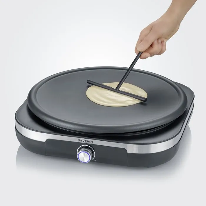 Severin CM2199 - Crêpière électrique XXL avec thermostat réglable, 38 cm, surface antiadhésive, revêtement inox brossé et noir, inclut spatule et répartiteur