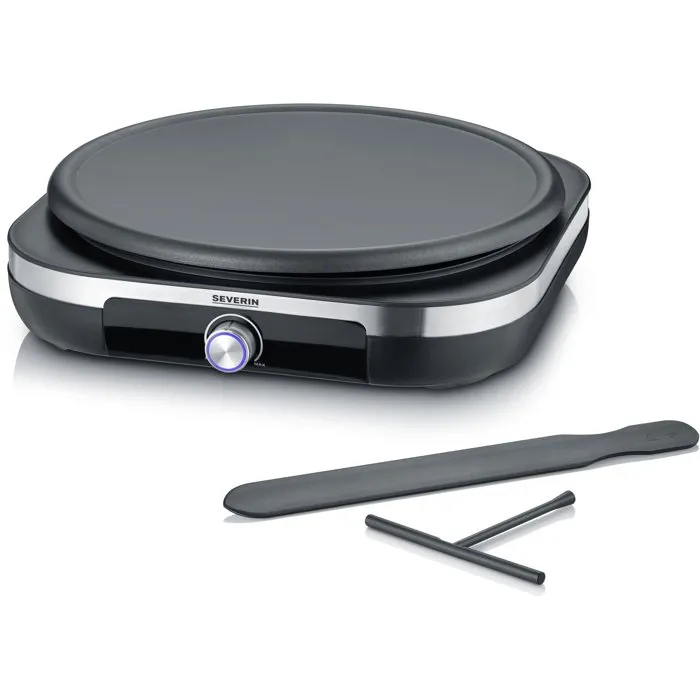 Severin CM2199 - Crêpière électrique XXL avec thermostat réglable, 38 cm, surface antiadhésive, revêtement inox brossé et noir, inclut spatule et répartiteur