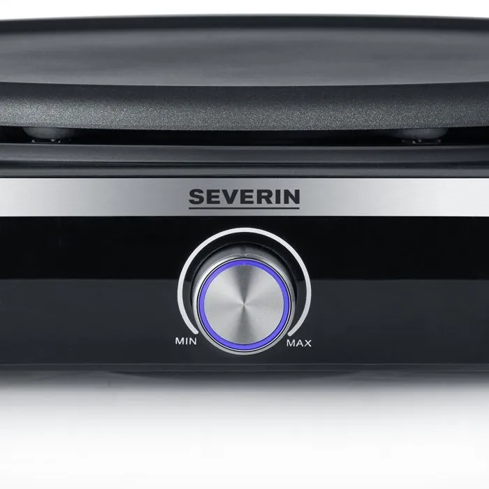 Severin CM2199 - Crêpière électrique XXL avec thermostat réglable, 38 cm, surface antiadhésive, revêtement inox brossé et noir, inclut spatule et répartiteur