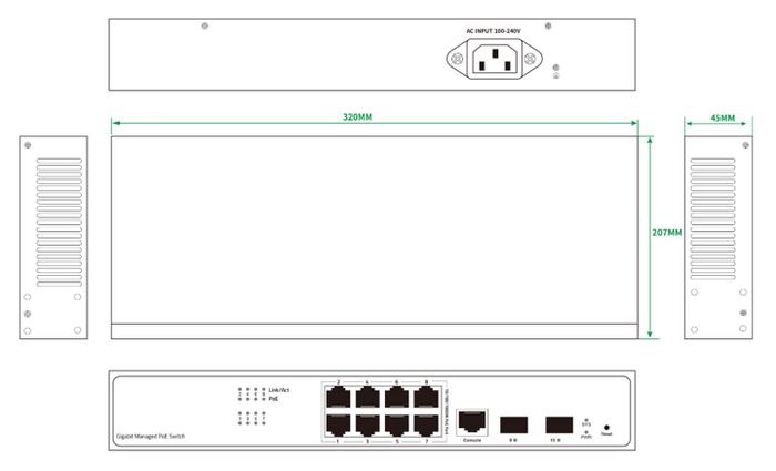 Ernitec Switch PoE Electra M08 1GB 150W avec 8 ports Gigabit et 2 ports SFP