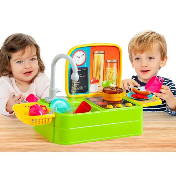 Molto - Cuisine jouet avec évier et robinet accessoires 33x61x25 cm - Jeu d'imitation plastique alimenté par piles pour enfants dès 3 ans
