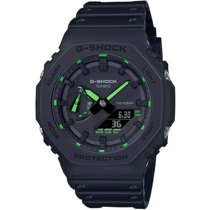 Casio Montre G-Shock en résine noir et vert - Étanche 200m - Double affichage - Automatique - Pour sports Casio Montre G-Shock en résine noir et vert - Étanche 200m - Double affichage - Automatique - Pour sports