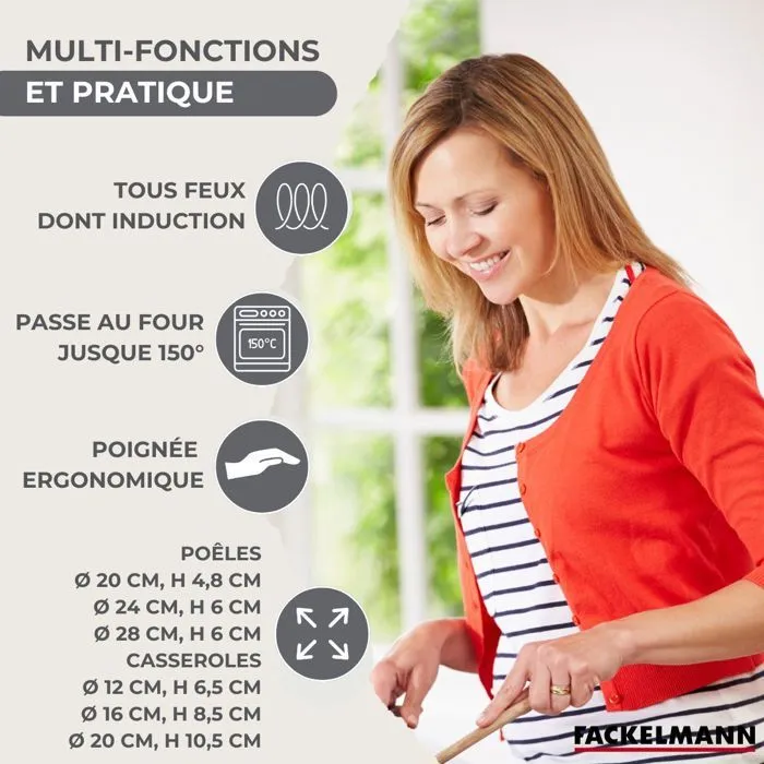 Fackelmann Geneva - Batterie de cuisine 12 pièces inox 18/10 - 3 poêles et 3 casseroles avec bec verseur + 6 ustensiles - Compatible induction et four Fackelmann Geneva - Batterie de cuisine 12 pièces inox 18/10 - 3 poêles et 3 casseroles avec bec verseur + 6 ustensiles - Compatible induction et four