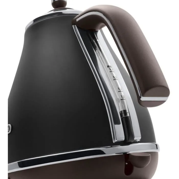 Delonghi Bouilloire électrique sans fil KBOV2001.BK - Noir mat / Chocolat - 2000W - 1.7L - Base rotative 360°, filtre anti-calcaire - Style rétro chic