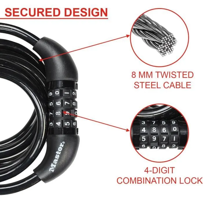 Master Lock 8221EURDPRO Antivol Vélo à Câble Torsadé 1.8m et Combinaison Programmable - Pour Vélo, Poussette, Trottinette et Équipement Sportif