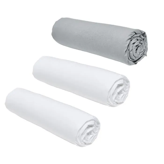 Today Lot de 3 draps housses Essential - 160 x 200 cm - 100% Coton - Couleur Craie/Acier - Pour lit 2 personnes