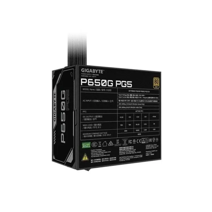 Gigabyte GP-P650G PG5 - Alimentation PC ATX 650W 80 PLUS Gold - Ventilateur 120 mm silencieux - Câbles gainés - Protections OVP/OPP/SCP/UVP - Pour Gaming et Professionnel