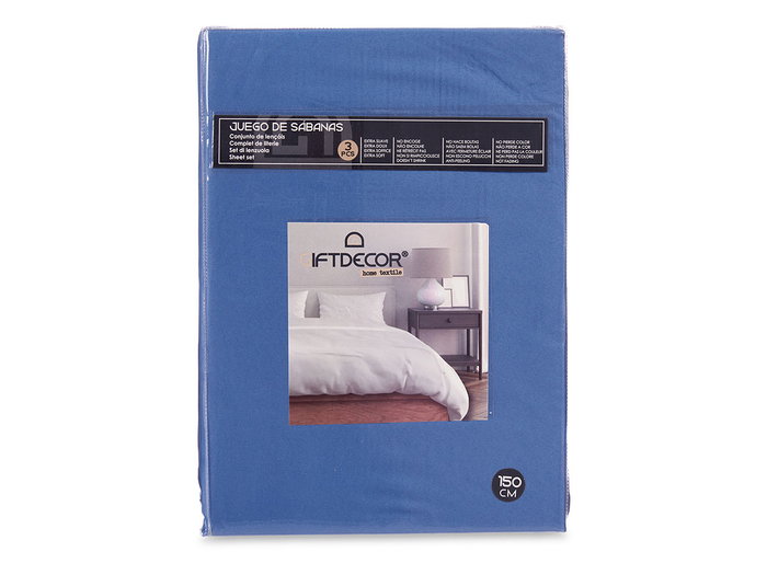 Giftdecor Lot de 3 draps 150 cm Bleu - Housse 150x200 cm + drap plat 220x245 cm + taie 45x170 cm (Set de 12)