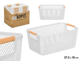 KIPIT Panier en plastique blanc avec anse en bambou 27,5x18cm