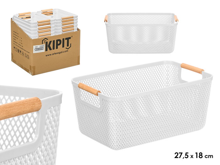 KIPIT Panier en plastique blanc avec anse en bambou 27,5x18cm KIPIT Panier en plastique blanc avec anse en bambou 27,5x18cm