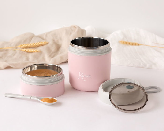 KioKids Termo Biberon-Repas Isotherme en Acier Inoxidable 304, 710 mL, 2 Compartiments (180+530 mL), Garde la Température 4h, avec Cuillère et Anse, Rose, Collection Petits Moments