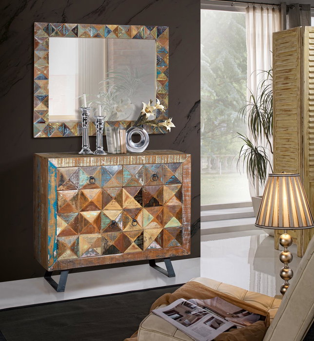 GINER Y COLOMER Buffet pour entrée en bois recyclé multicolore avec 2 tiroirs et 2 portes - 87 x 100 x 32 cm