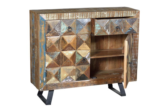 GINER Y COLOMER Buffet pour entrée en bois recyclé multicolore avec 2 tiroirs et 2 portes - 87 x 100 x 32 cm