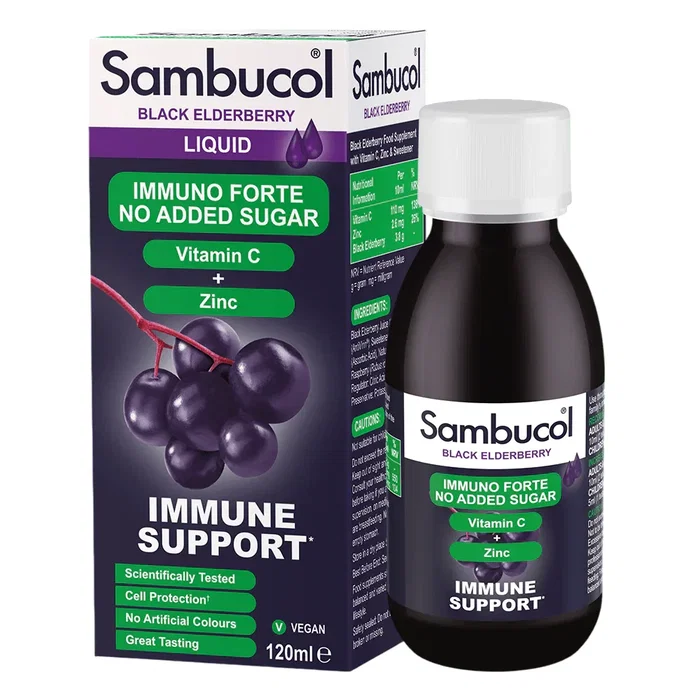 Sambucol Immuno Forte Sirop Sans Sucre au Sureau Noir, Vitamine C et Zinc 120 ml Sambucol Immuno Forte Sirop Sans Sucre au Sureau Noir, Vitamine C et Zinc 120 ml