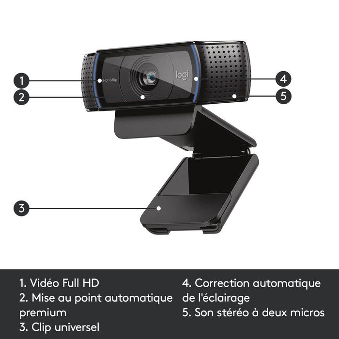 Logitech C920 Webcam Full HD 1080p (1920 x 1080) avec Objectif Carl Zeiss, H.264, Mise au Point Automatique et Micros Stéréo