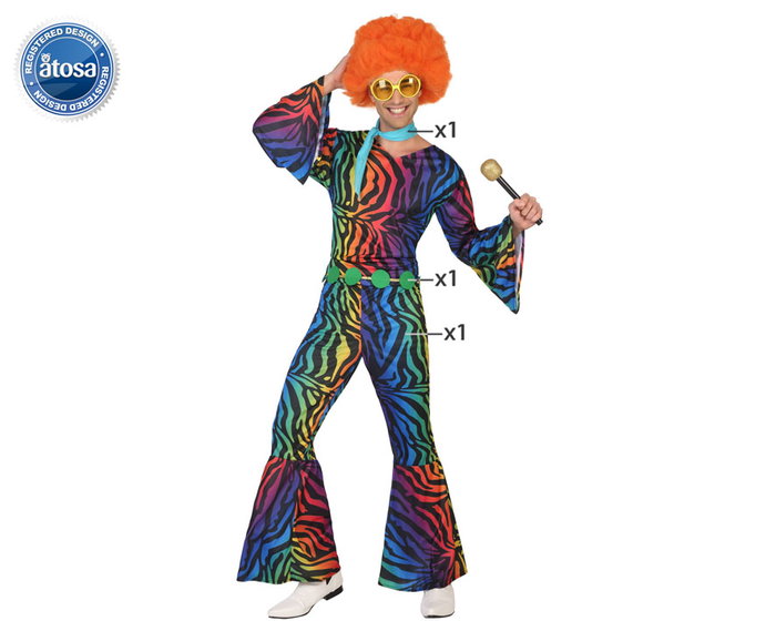 Déguisement Homme Adulte Disco Années 70 - Rayures Multicolor - Ensemble 3 Pièces (Mono, Ceinture, Foulard) - Taille XL