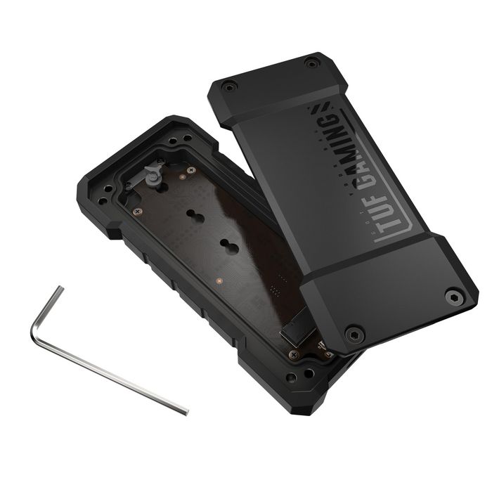 Asus TUF Gaming A2 Boîtier SSD Externe USB-C 3.2 Gen 2x2 Dual M.2 NVMe/SATA (Jusqu'à 20 Gbps), IP68, Résistant MIL-STD-810H, Q-Latch, Compatible PC, Mac, PS5, Xbox