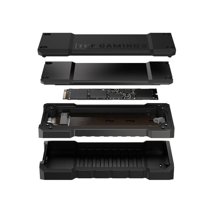 Asus TUF Gaming A2 Boîtier SSD Externe USB-C 3.2 Gen 2x2 Dual M.2 NVMe/SATA (Jusqu'à 20 Gbps), IP68, Résistant MIL-STD-810H, Q-Latch, Compatible PC, Mac, PS5, Xbox