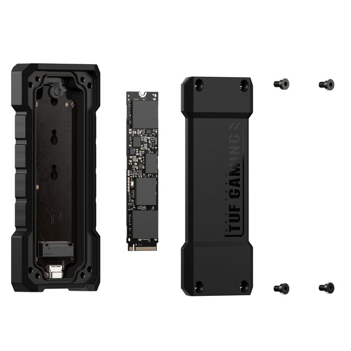 Asus TUF Gaming A2 Boîtier SSD Externe USB-C 3.2 Gen 2x2 Dual M.2 NVMe/SATA (Jusqu'à 20 Gbps), IP68, Résistant MIL-STD-810H, Q-Latch, Compatible PC, Mac, PS5, Xbox