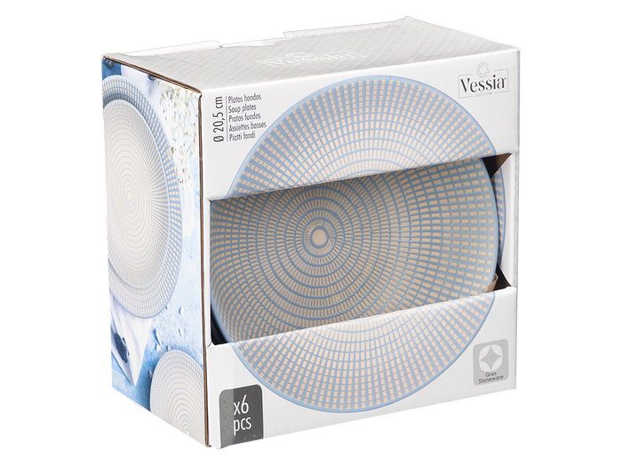 Vessia Assiette Creuse 20,5 cm Bleu Céramique Motif Gravé (Set de 24)