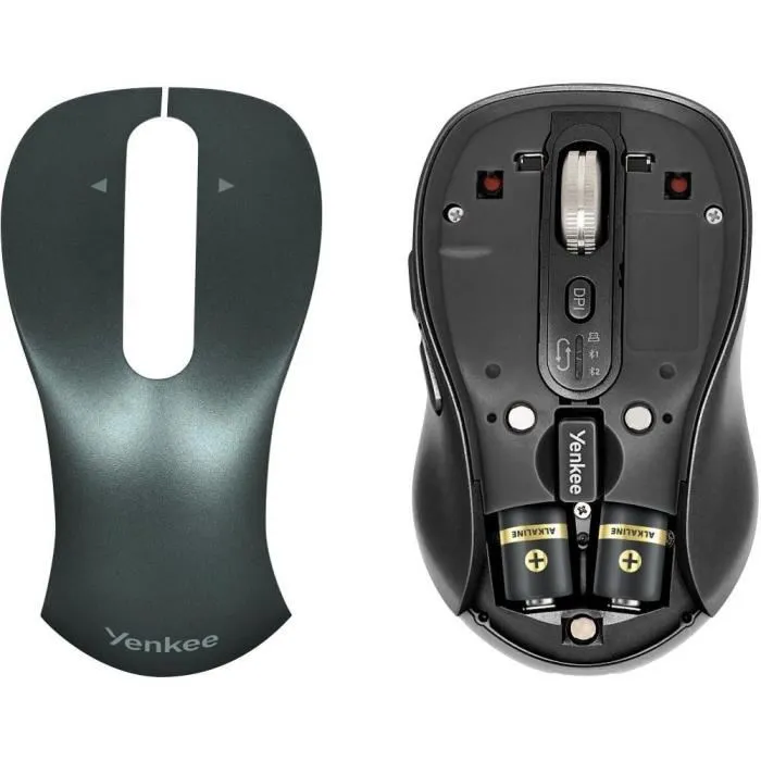 Yenkee YMS 2010BK Souris sans fil rechargeable Bluetooth 5.1 et USB 2.4 GHz, capteur optique réglable 1000-3200 DPI, défilement 4 directions, silencieuse, autonomie 450h