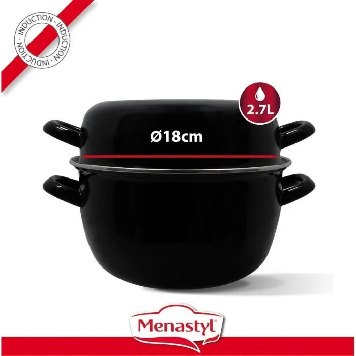MENASTYL Marmite à moules 18 cm 2,7 litres, acier émaillé noir, tous feux induction, couvercle réversible plat, réf. 3645567