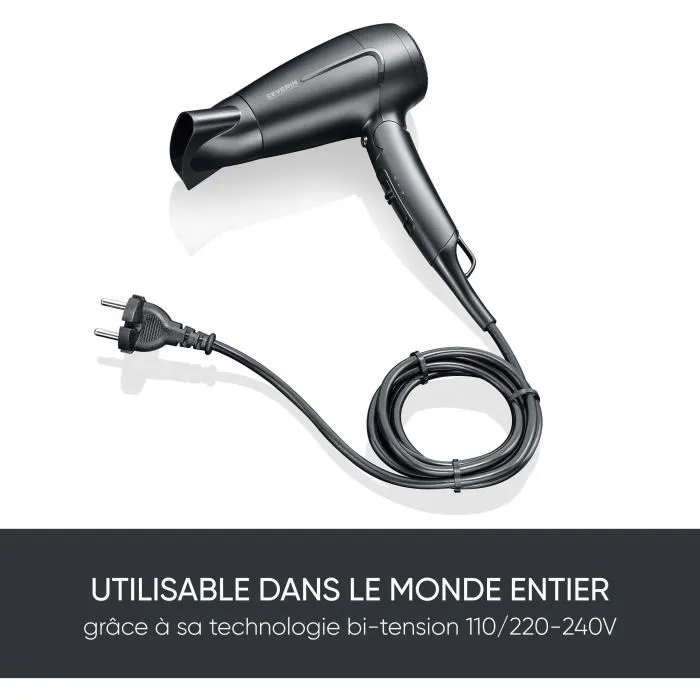 Severin HT 0159 - Sèche-cheveux de voyage compact 1600 W - Poignée pliable avec diffuseur - Noir - Multi-voltage (110/240V)