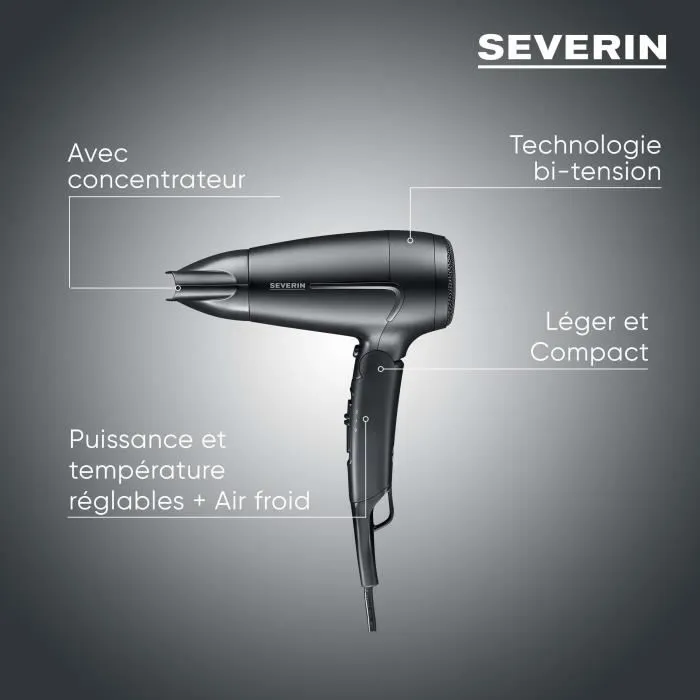 Severin HT 0159 - Sèche-cheveux de voyage compact 1600 W - Poignée pliable avec diffuseur - Noir - Multi-voltage (110/240V)