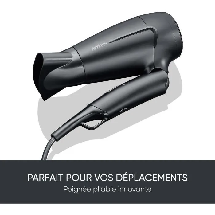 Severin HT 0159 - Sèche-cheveux de voyage compact 1600 W - Poignée pliable avec diffuseur - Noir - Multi-voltage (110/240V)